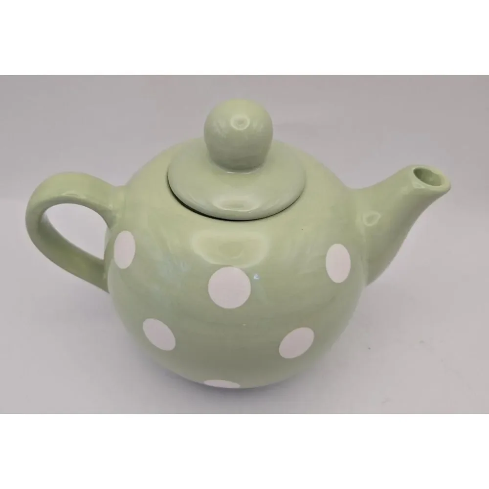 Mint Green Teapot With Lid  And White‎ Polkadots Durable Stoneware Ceramic